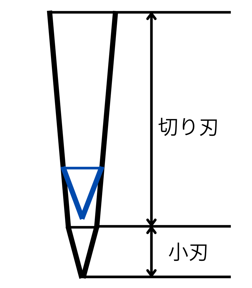 包丁の断面図。切り刃と小刃（刃先）の位置関係